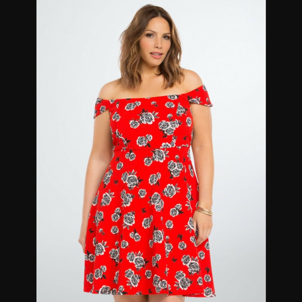 TORRID RED FLORAL TEXTURED OFF SHOULDER DRESS